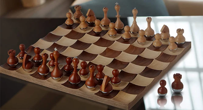 Wobble chess set on a shiny table